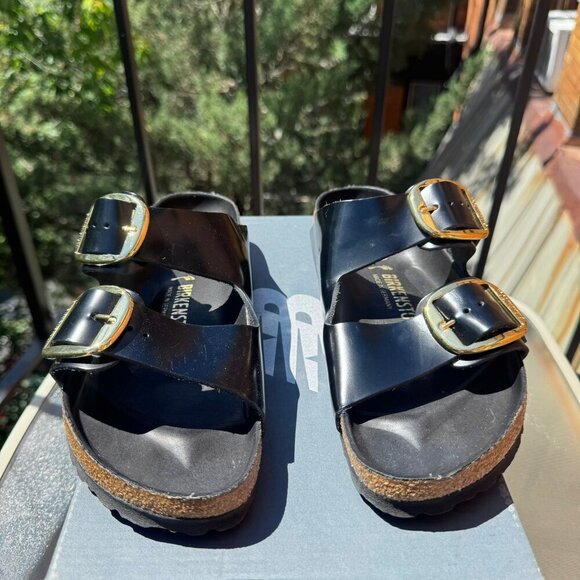 New Birkenstock Arizona Big Buckle High Shine Sandals Black Gold US 9 / EUR 40 - Picture 4 of 12